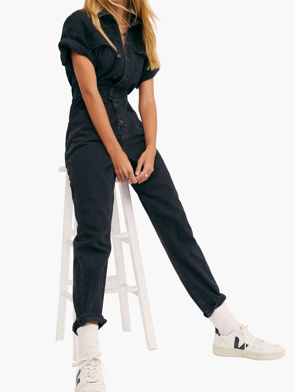 Free People Marci Denim Utility Coveralls Jumpsuit Iron Black Size XS